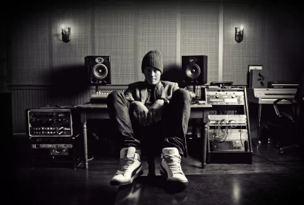 Silhouette of a person sitting with crossed legs in a recording studio, surrounded by audio equipment, in a black and white HD NF-themed desktop wallpaper.