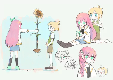 HD PC desktop wallpaper featuring blonde and pink-haired characters Basil and Aubrey from the video game OMORI, with sunflowers in a light, sketch-style artwork.