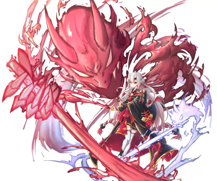 Anime-style HD wallpaper featuring Nakiri Ayame from Hololive with white hair, red eyes, and horns, surrounded by vibrant red and blue energy effects.