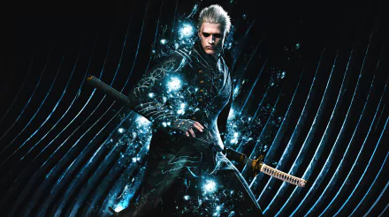 Vergil from Devil May Cry 5 stands wielding the Yamato sword, surrounded by glowing blue energy in this 4K Ultra HD PC desktop wallpaper.