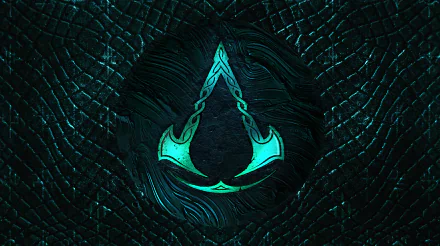 4K Ultra HD PC desktop wallpaper featuring the glowing Assassin's Creed Valhalla logo on a textured dark background.