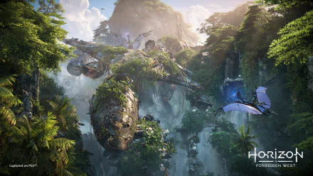 4K Ultra HD PC desktop wallpaper featuring a lush, vibrant scene from the video game Horizon Forbidden West with towering mechanical creatures and dense jungle foliage.
