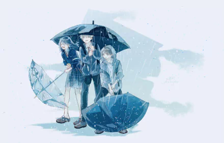 Anime-style 4K Ultra HD desktop wallpaper depicting three characters standing in rain under umbrellas, with soft blue tones and rain effects creating a calm atmosphere.