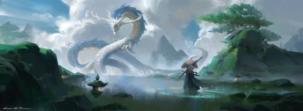 HD desktop wallpaper depicting a fantasy warrior samurai standing by a serene lake, gazing at a majestic Chinese dragon coiling in the sky, surrounded by lush greenery and towering mountains.