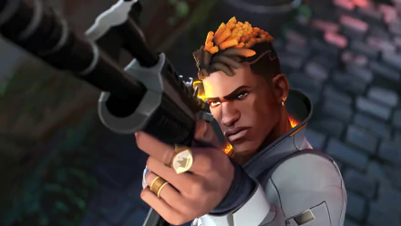 4K Ultra HD PC desktop wallpaper featuring Phoenix from the video game Valorant, aiming with focused intensity and vibrant, detailed character design.