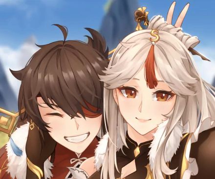 HD PC desktop wallpaper featuring Ningguang and Beidou from the video game Genshin Impact, showcasing their close-up smiling portraits against a bright sky background.