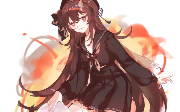 Hu Tao (Genshin Impact) portrait from the video game, stylized art of her in a black outfit with flowing hair and orange flame accents — 2K Quad HD PC desktop wallpaper/background.
