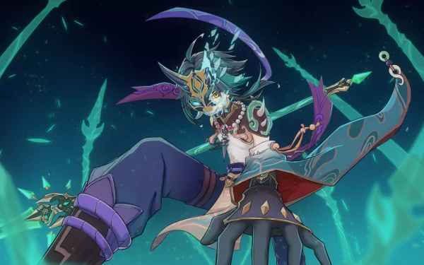 A vibrant HD desktop wallpaper featuring Xiao from Genshin Impact, with green and black hair, yellow eyes, wielding a spear, set against a dynamic, glowing background.