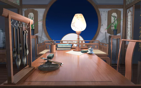 A serene anime room with traditional wooden furniture, soft lighting, and decorative plants, rendered in 4K Ultra HD for a detailed PC desktop wallpaper.