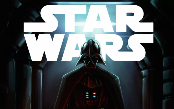 Darth Vader stands in a shadowy corridor beneath a glowing STAR WARS logo, a Sith sci‑fi 5K Ultra HD PC desktop wallpaper and background.