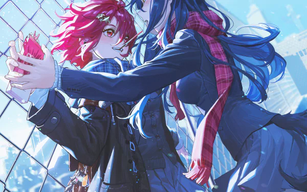 Exusiai and Texas from Arknights share a close moment on a rooftop with a bright city skyline — 2K Quad HD PC desktop wallpaper, video game background.