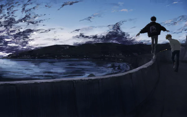 Two friends walk along a coastal path at dusk, with a vibrant sky and ocean view in this captivating anime-style 4K Ultra HD wallpaper.