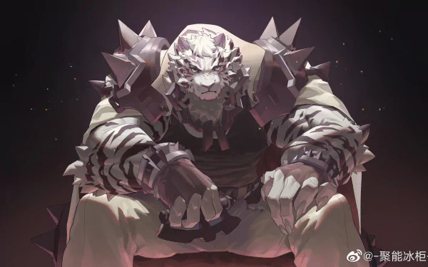 Mountain (Arknights) — hulking tiger-headed warrior in spiked armor, seated with clenched fists; dark, gritty 2K Quad HD video game desktop wallpaper/background.