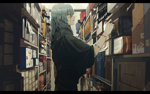 Anime character Mahito from Jujutsu Kaisen with blue hair, standing in a packed library, reaching for a book. HD desktop wallpaper and background.