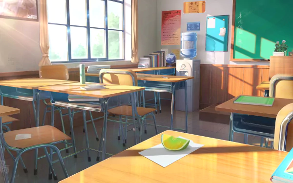 Bright anime-style classroom with wooden chairs and desks, sunlight streaming through large windows; a 4K Ultra HD PC desktop wallpaper capturing a peaceful anime room.