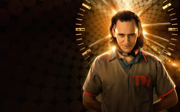Tom Hiddleston as Loki from the Marvel Comics TV show, featured in a dramatic 4K Ultra HD desktop wallpaper with a glowing clock background.