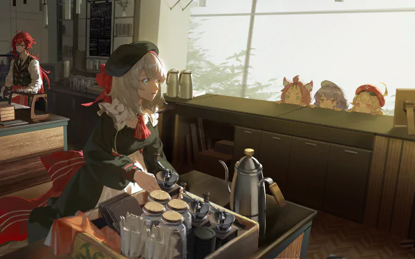 A vibrant HD wallpaper featuring characters Diluc, Diona, Qiqi, Noelle, and Klee from Genshin Impact, set in a cozy cafe with warm sunlight filtering through the windows.
