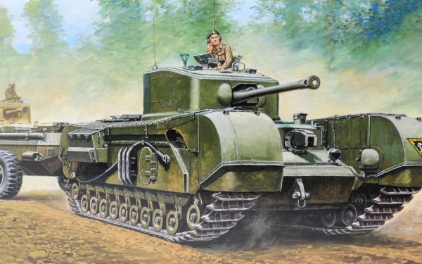 HD PC desktop wallpaper showing a Churchill military tank in olive drab advancing on a dirt road, crewman visible in the open hatch.