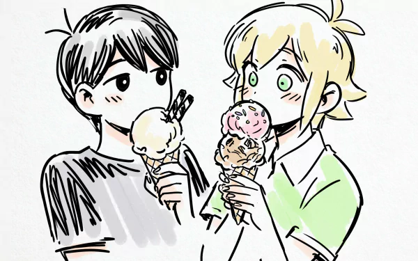 green eyes OMORI black hair blonde ice cream Basil (Omori) Sunny (Omori) video game HD Desktop Wallpaper | Background Image