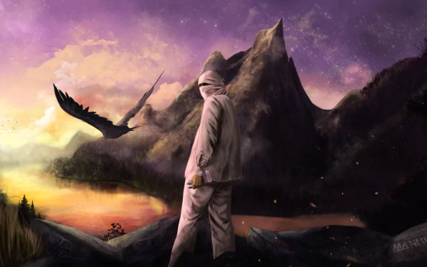 5K Ultra HD PC desktop wallpaper and background: a music-inspired Nepal mountain scene at dusk — hooded figure by a lake, soaring bird and jagged peaks beneath a purple-orange sky.