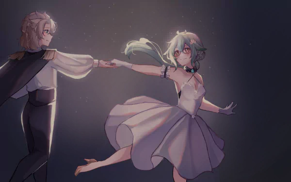 4K Ultra HD PC wallpaper of Sucrose and Albedo from the video game Genshin Impact, dancing hand-in-hand against a soft, starry backdrop.
