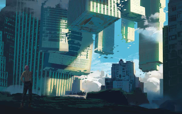 HD desktop wallpaper featuring a scene from Jujutsu Kaisen with Sukuna, an anime character with pink hair, standing amidst a captivating cityscape with floating buildings.