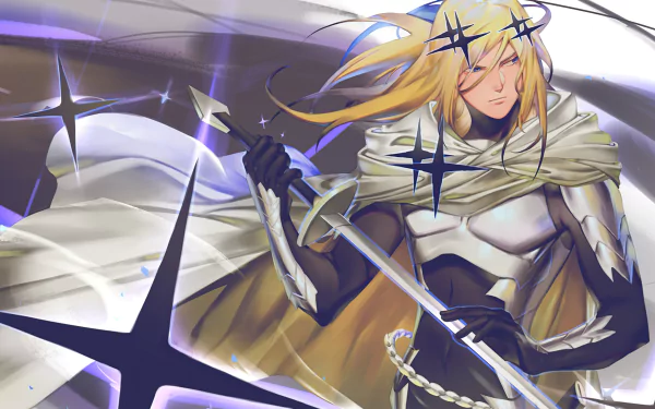 Anime 4K Ultra HD PC wallpaper: Flashy Flash (One-Punch Man) — blond masked swordsman in white cape and silver armor, slicing through dynamic purple speed streaks.