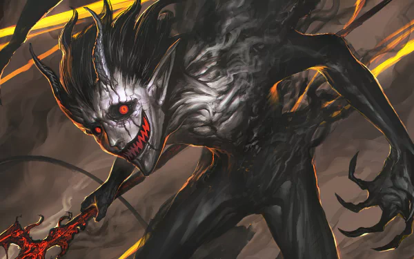 Zagred from Black Clover strikes a menacing pose in this vivid 4K Ultra HD wallpaper. The dark, shadowy form is accentuated by fiery highlights, capturing a dramatic anime moment.