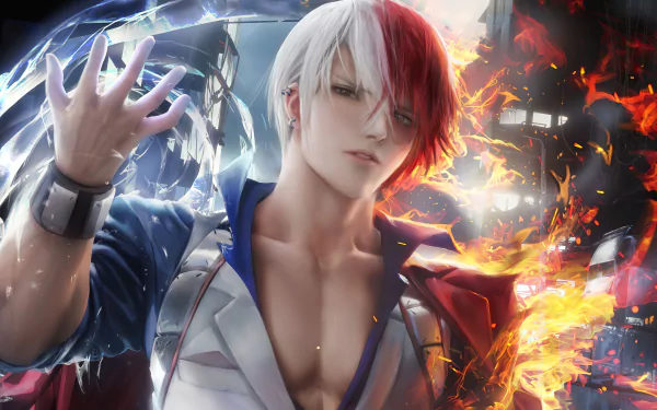 Shoto Todoroki, anime hero with white-and-red two-toned hair, conjuring ice and fire in a dramatic 4K Ultra HD My Hero Academia PC desktop wallpaper.
