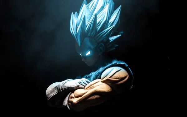 Vegeta from Dragon Ball Super stands confidently with crossed arms, showcasing his iconic blue hair and intense expression against a dramatic dark background. 4K Ultra HD wallpaper.