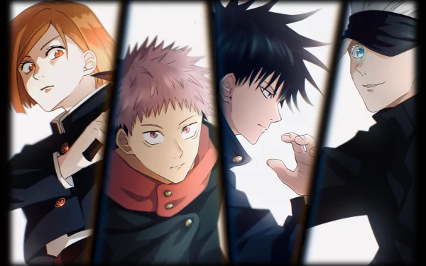 HD anime desktop wallpaper featuring Jujutsu Kaisen characters Yuji Itadori, Nobara Kugisaki, Megumi Fushiguro, and blindfolded Satoru Gojo in school uniforms.