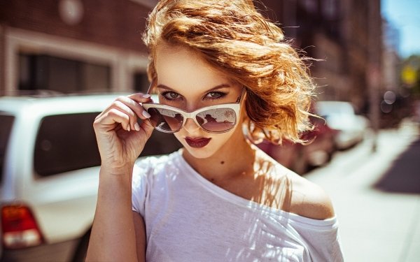 Women Model Stare Redhead Depth Of Field Lipstick Sunglasses HD Wallpaper | Background Image