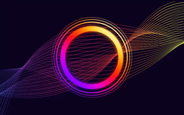 HD desktop wallpaper with an abstract design featuring a colorful gradient circle at the center and dynamic wave patterns in various colors on a dark background.