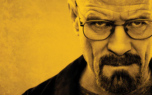 HD desktop wallpaper featuring Bryan Cranston as Walter White from the TV show Breaking Bad, with a striking yellow background.