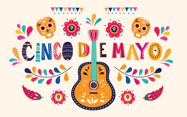 Colorful Cinco de Mayo HD wallpaper with decorative skulls, guitar, and floral patterns.