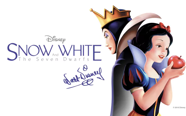 HD PC desktop wallpaper of the movie Disney's Snow White and the Seven Dwarfs: Snow White holding a red apple beside the Evil Queen, with the film logo and Walt Disney signature.