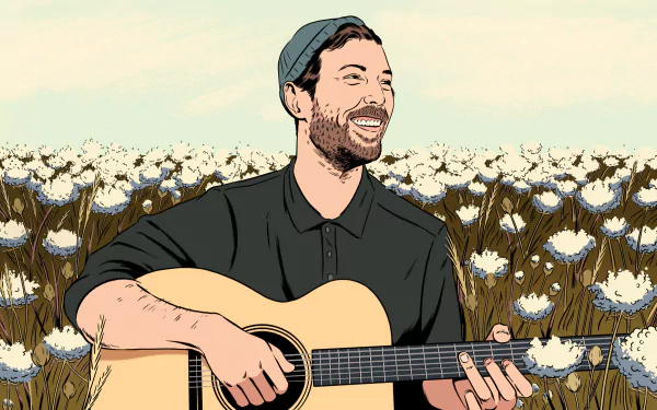 HD desktop wallpaper featuring an illustrated member of Fleet Foxes playing guitar in a field of flowers.