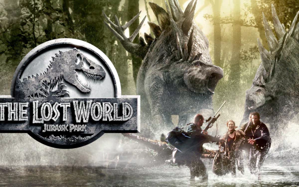 HD PC desktop wallpaper featuring a dramatic scene from The Lost World: Jurassic Park with characters facing charging dinosaurs in a misty forest setting.