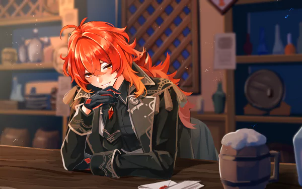 Diluc from Genshin Impact sits at a wooden table in a cozy tavern, detailed in a 4K Ultra HD PC desktop wallpaper showcasing rich colors and intricate design.