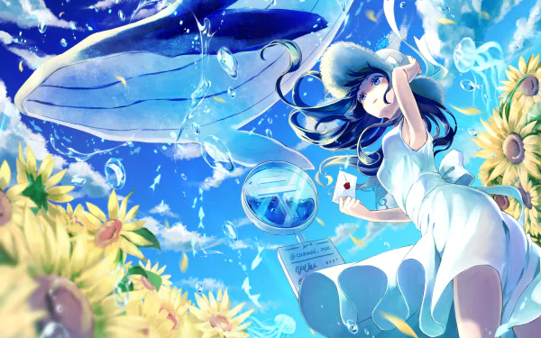 A vibrant 4K Ultra HD anime summer scene featuring a girl in a white dress surrounded by sunflowers and a large whale swimming through a bright, blue sky.
