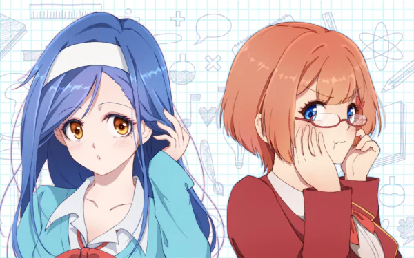 glasses blue eyes orange hair Rizu Ogata school uniform long hair brown eyes blue hair Fumino Furuhashi Bokutachi wa Benkyou ga Dekinai Anime We Never Learn HD Desktop Wallpaper | Background Image