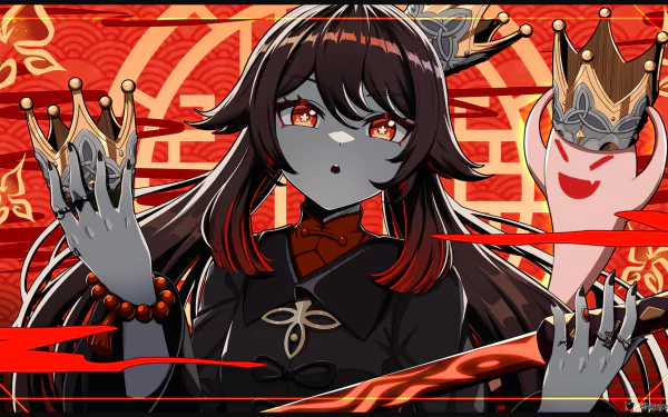 HD desktop wallpaper of Hu Tao from the video game Genshin Impact. The image features Hu Tao with a red and black color scheme, wielding a staff and surrounded by playful ghostly figures.