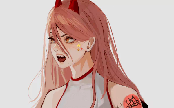 HD anime desktop wallpaper of Power from Chainsaw Man, featuring her distinctive red horns and sharp expression in vibrant, detailed artwork.