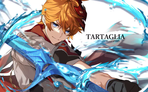 Tartaglia Childe from Genshin Impact in dynamic pose with water elements swirling, displayed in 4K Ultra HD as a PC desktop wallpaper and background.