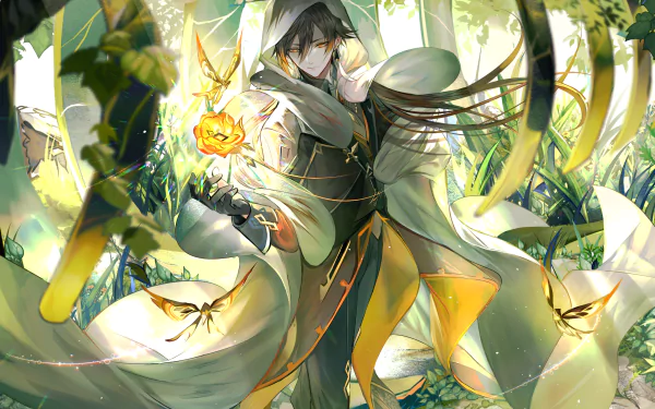 HD desktop wallpaper featuring Rex Lapis/Zhongli from the video game Genshin Impact, surrounded by butterflies and lush greenery.