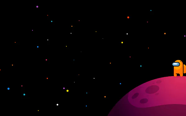 HD desktop wallpaper and background featuring a scene from the video game Among Us, with an orange crewmate standing on a pink planet against a starry black sky.