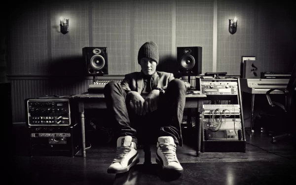 Silhouette of a person sitting with crossed legs in a recording studio, surrounded by audio equipment, in a black and white HD NF-themed desktop wallpaper.