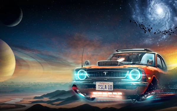 4K Ultra HD PC desktop wallpaper: sci-fi Tesla Motors vehicle hovering above an alien landscape, glowing headlights, distant planets and a spiral galaxy.