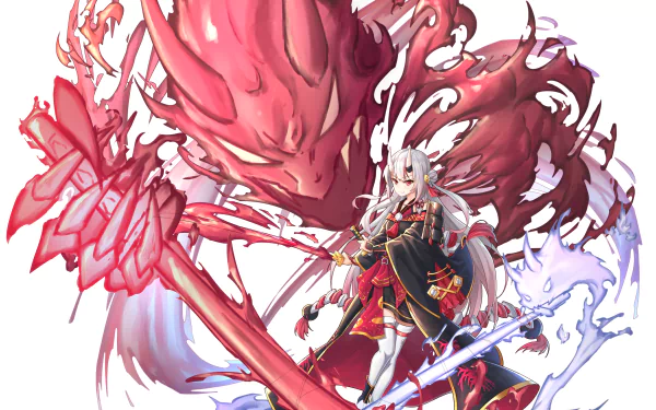 Anime-style HD wallpaper featuring Nakiri Ayame from Hololive with white hair, red eyes, and horns, surrounded by vibrant red and blue energy effects.