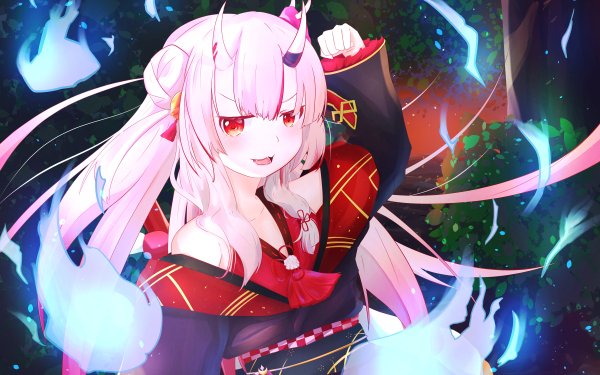 Anime Virtual Youtuber Hololive Nakiri Ayame Pink Hair Red Eyes Horns Kimono HD Wallpaper | Background Image